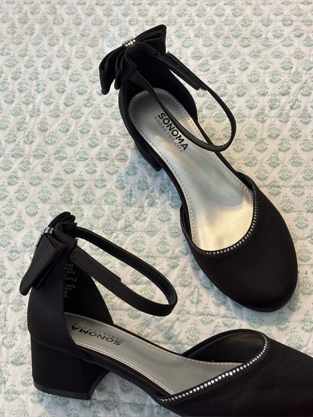 Sonoma Black Ankle-Strap Block Heels with Bow Accent